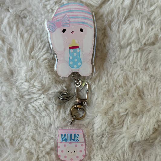 OB bunny badge reel with milk keychain 🍼🐇🎀