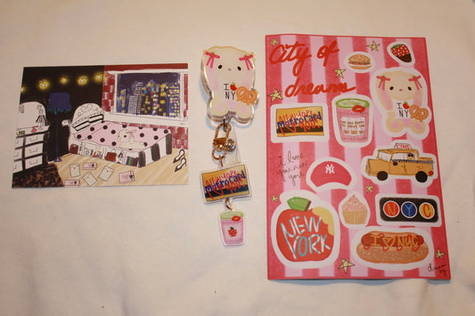 I 🍎 NY Bunny🥨 Badge Reel with sticker sheet 🌃👠📷🚕❤️