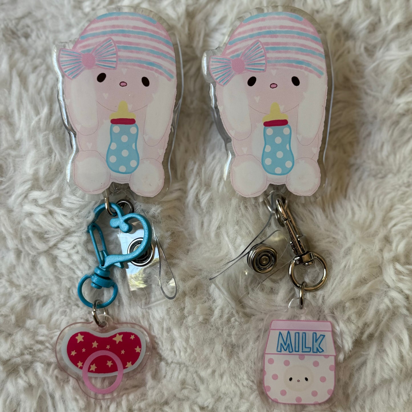OB bunny badge reel with milk keychain 🍼🐇🎀
