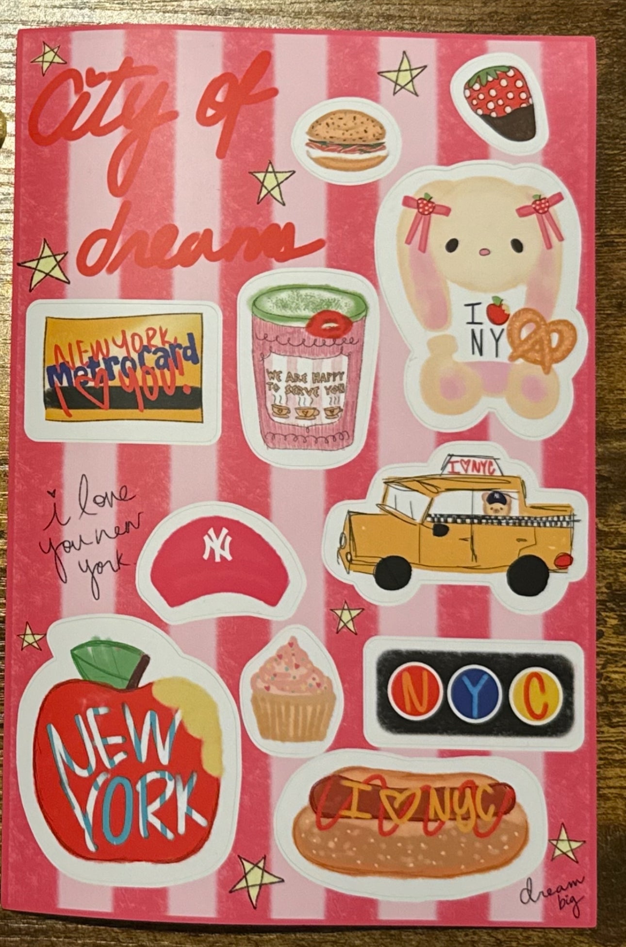 I 🍎 NY Bunny🥨 Badge Reel with sticker sheet 🌃👠📷🚕❤️